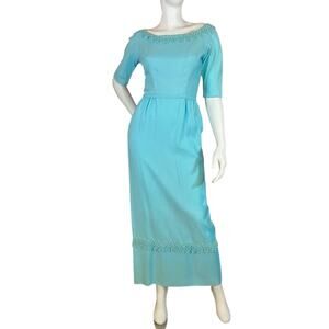 Vintage 1950s Robin Egg Blue Cocktail Dress Harry Keiser Bow Back Gown